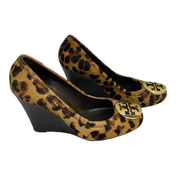 Tory Burch Sophie Wedge Leopard Print Pumps Heels Women's Calf